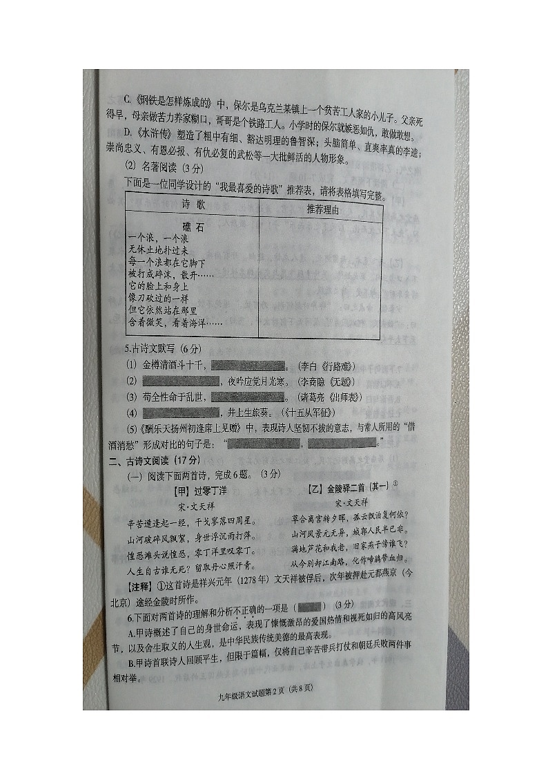 辽宁省沈阳市辽中区2023-2024学年九年级上学期1月期末语文试题02