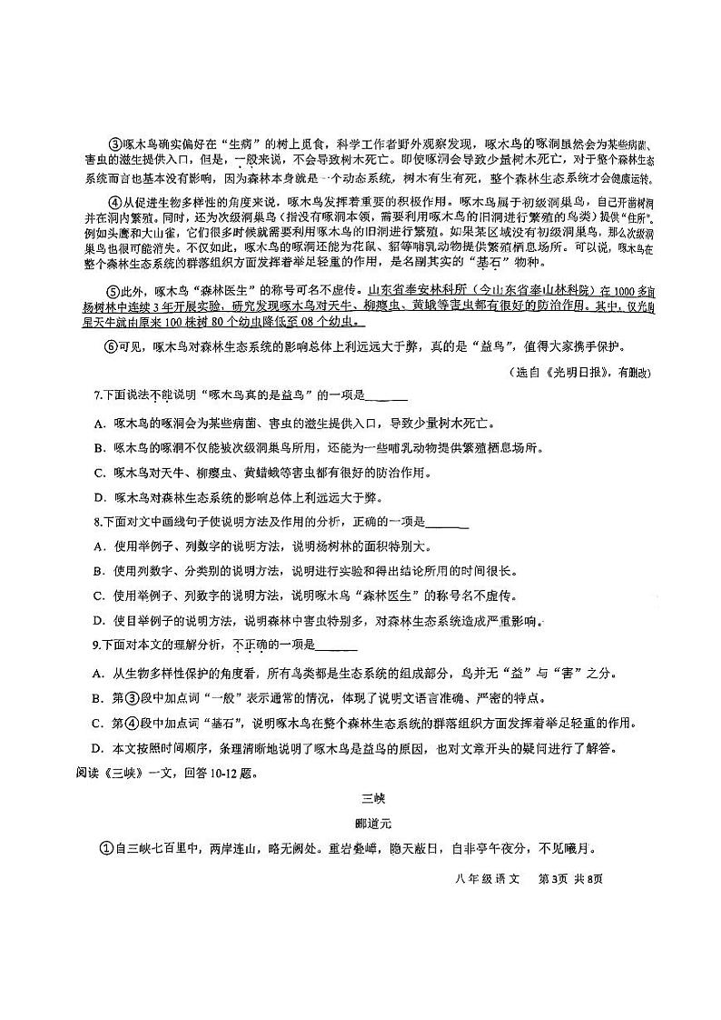 天津经济技术开发区国际学校2023-2024学年八年级上学期期末学情调查语文试卷第3页