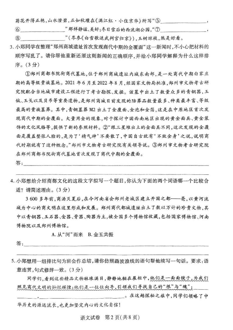 河南省新乡市2023-2024学年九年级期末语文试题（无答案）02