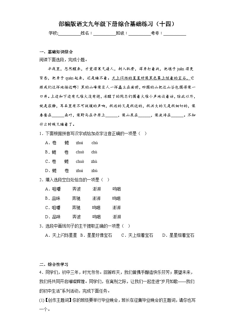 部編版語文九年級下冊綜合基礎練習（十四）第1頁