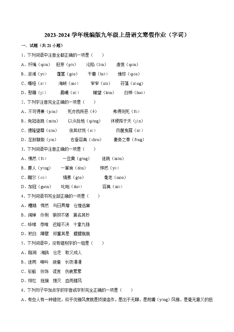 01寒假作业（字词）-2023-2024学年九年级上册语文寒假作业专题(全国通用)01