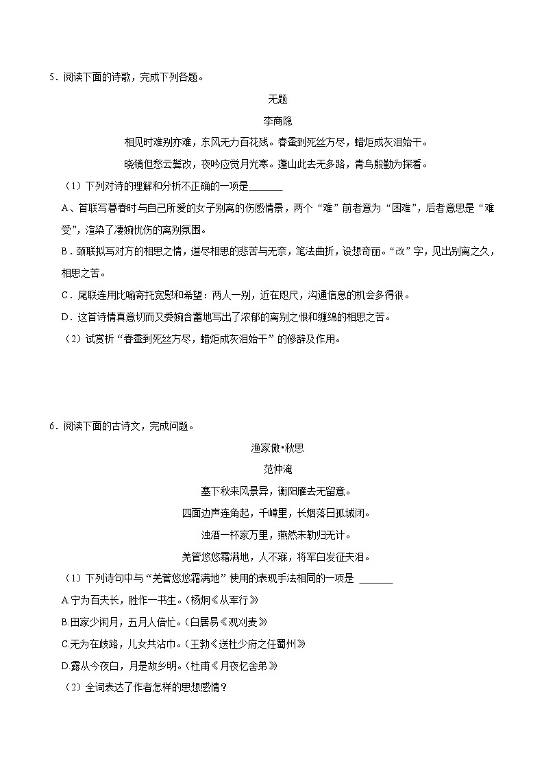 07寒假作业(古诗词鉴赏)-2023-2024学年九年级上册语文寒假作业专题(全国通用)03