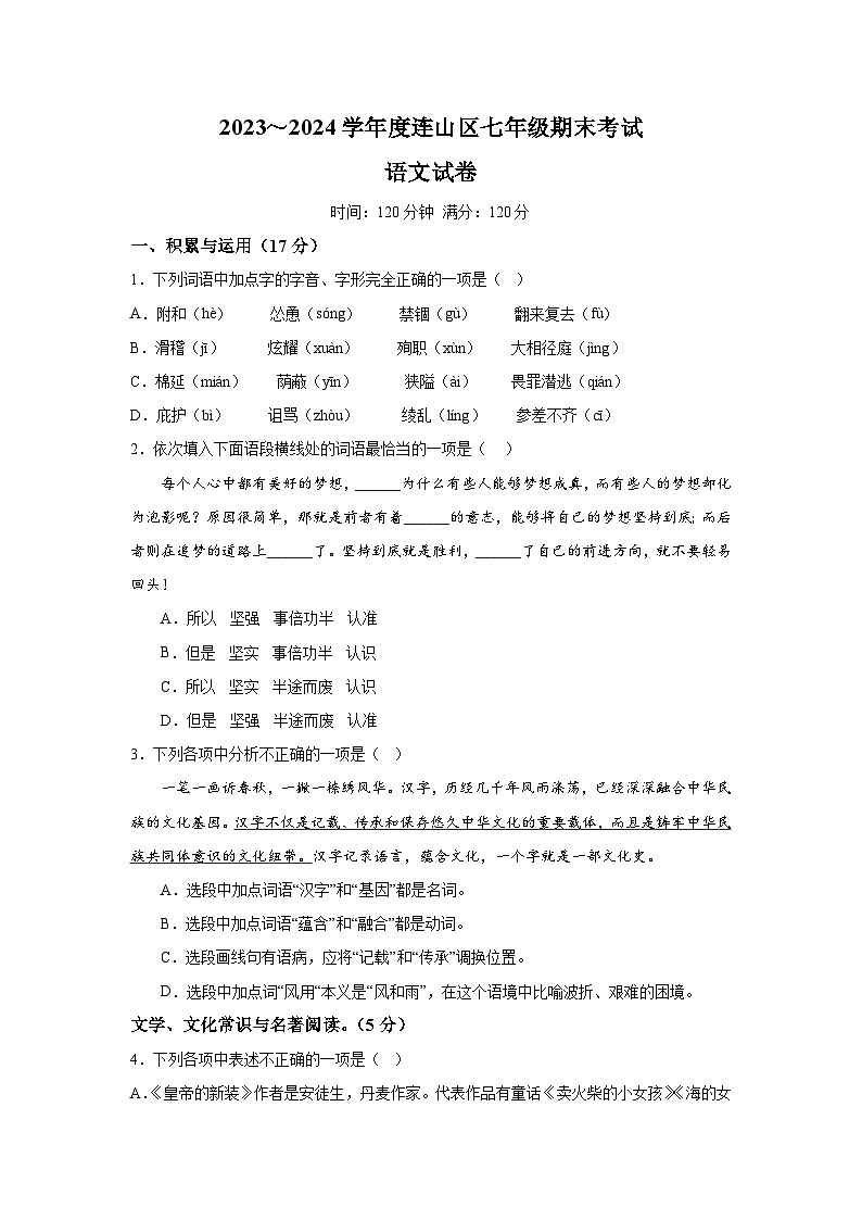 辽宁省沈阳市连山区2023-2024学年九年级(上)期末语文试题(含解析)01