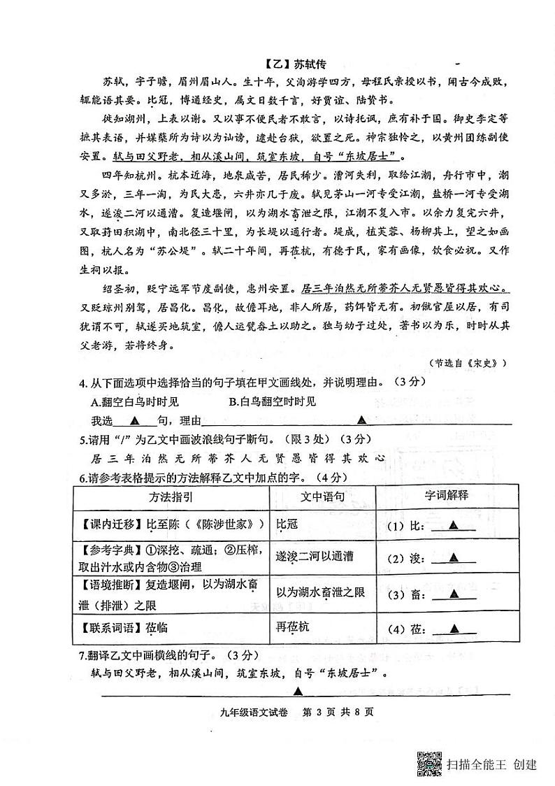 江苏省宿迁市泗阳县2023-2024学年九年级上学期期末考试语文试卷03