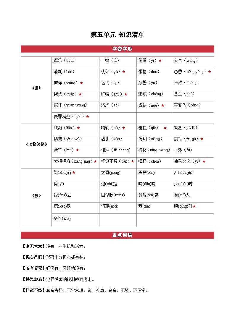 第五单元(知识清单)-2024-2025学年七年级语文上册同步备课精品课件+导学案+教学设计+同步练习(部编版)第1页