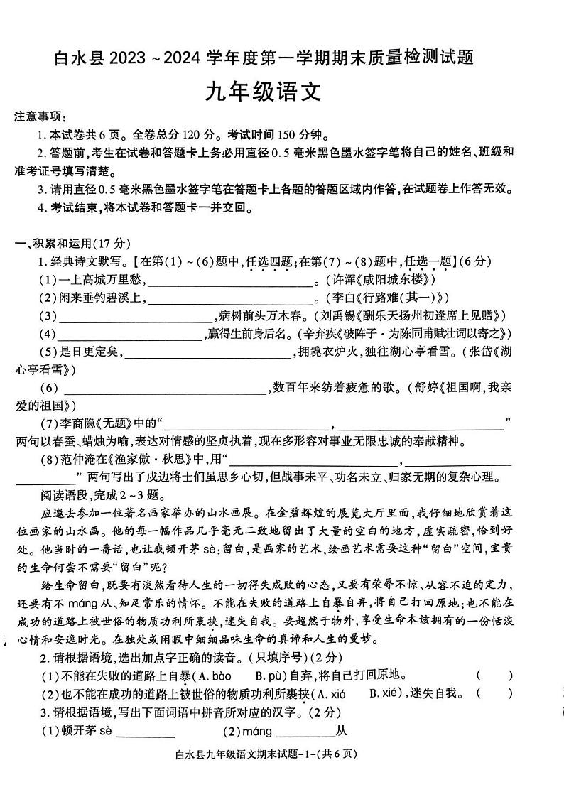 陕西省渭南市白水县2023-2024学年九年级上学期期末语文试题01
