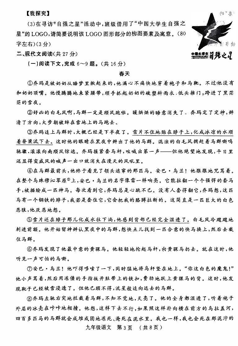 2023-2024学年河南省驻马店市九上期末语文试卷及答案第3页