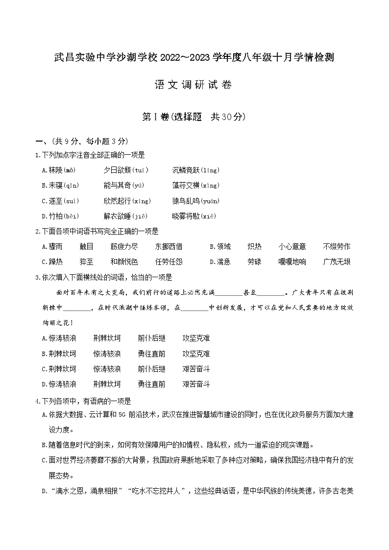 湖北省武汉市武昌实验中学沙湖学校2022～2023学年度10月学情检测八年级语文试题