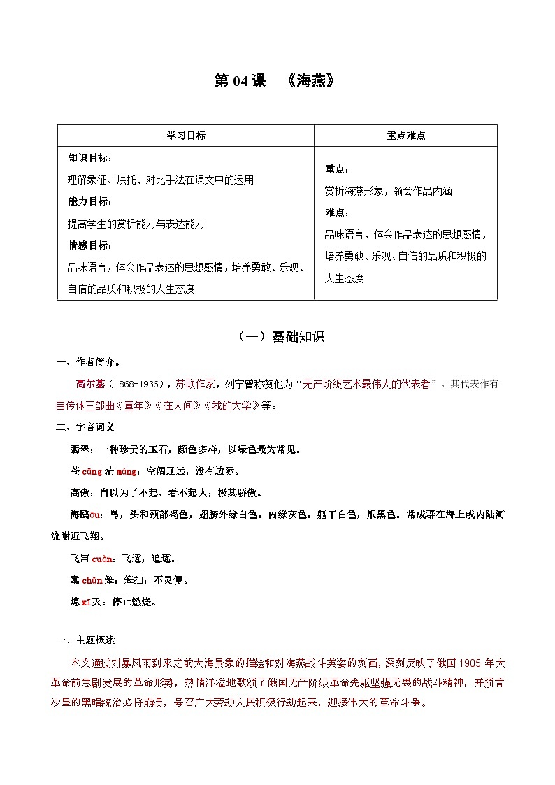 统编版 初中语文 九年级下册 第04课 海燕(教师版)第1页