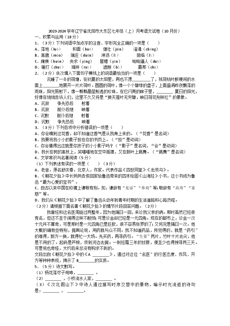 45，辽宁省沈阳市大东区2023-2024学年七年级上学期月考语文试卷（10月份）01