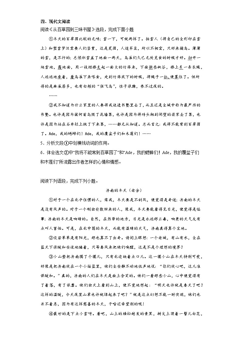 部编版语文七年级上册寒假综合复习(七)试题02