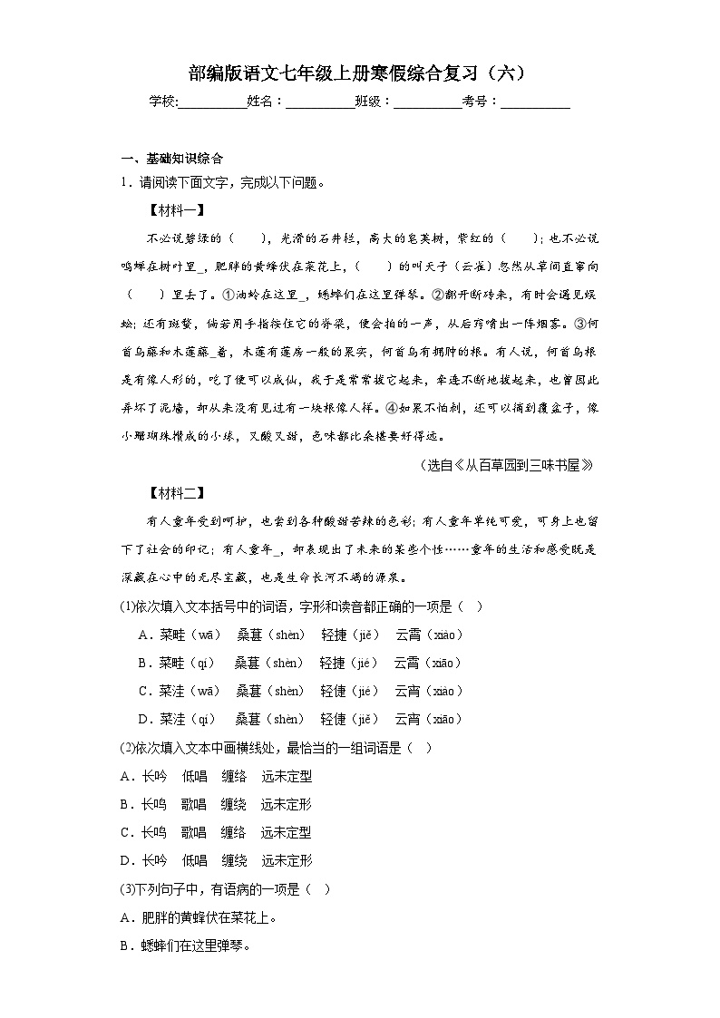 部编版语文七年级上册寒假综合复习（六）试题