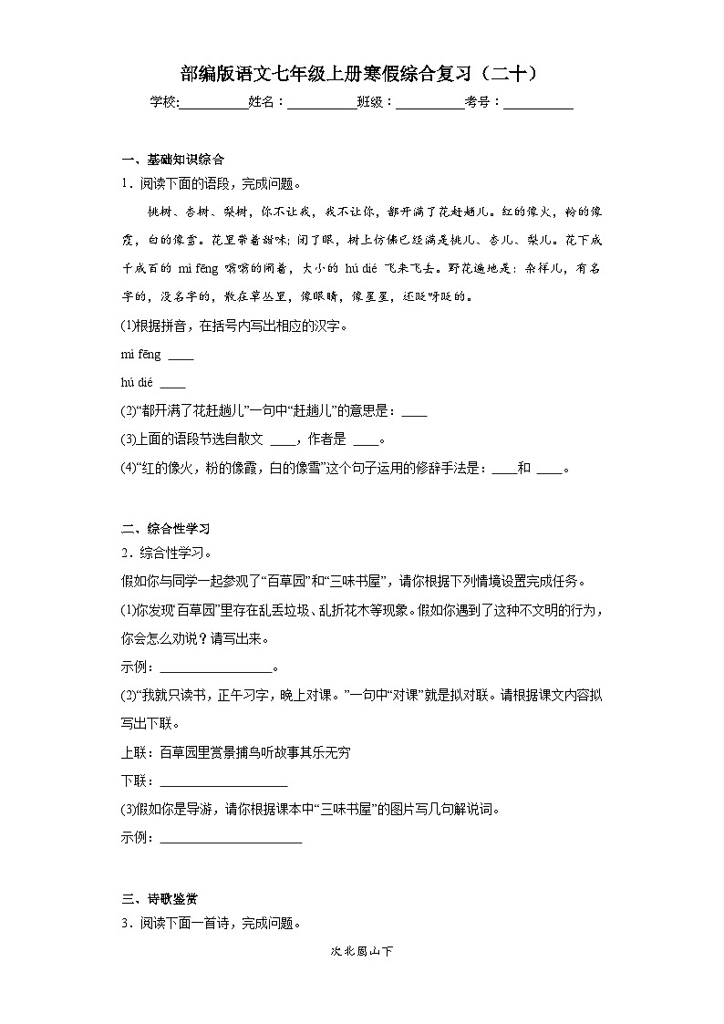部编版语文七年级上册寒假综合复习(二十)试题01