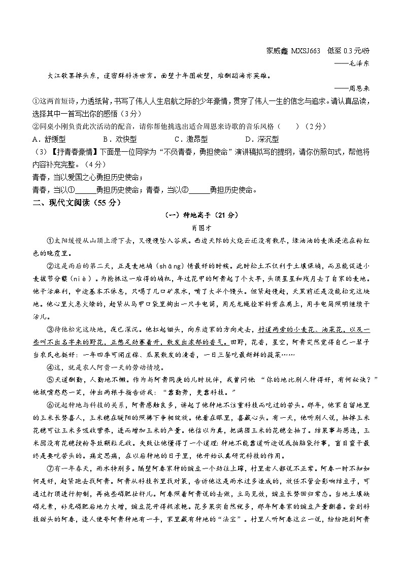 安徽省安庆市潜山市2023-2024学年九年级上学期期末语文试题02