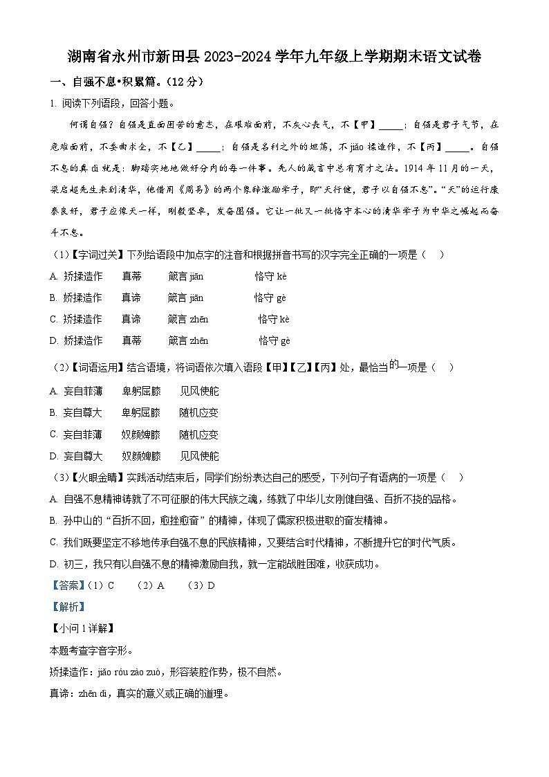 精品解析:湖南省永州市新田县2023-2024学年九年级上学期期末语文试题(解析版)第1页