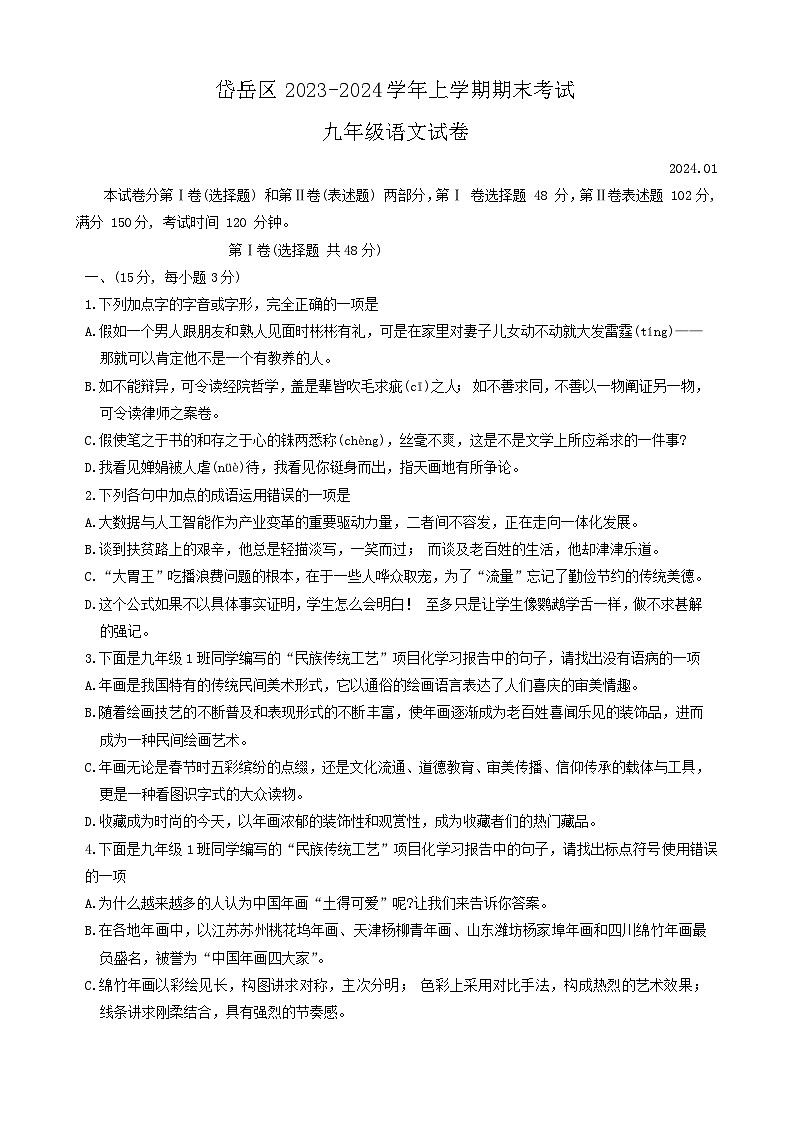 山东省泰安市岱岳区2023-2024学年九年级上学期期末考试语文试卷(含答案)01