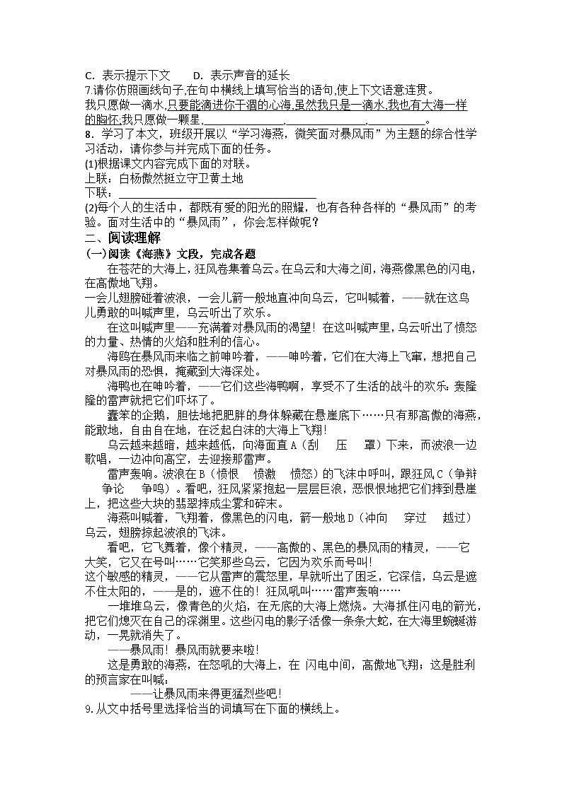 2023-2024学年统编版语文九年级下册第4课《海燕》练习题(含答案)第2页