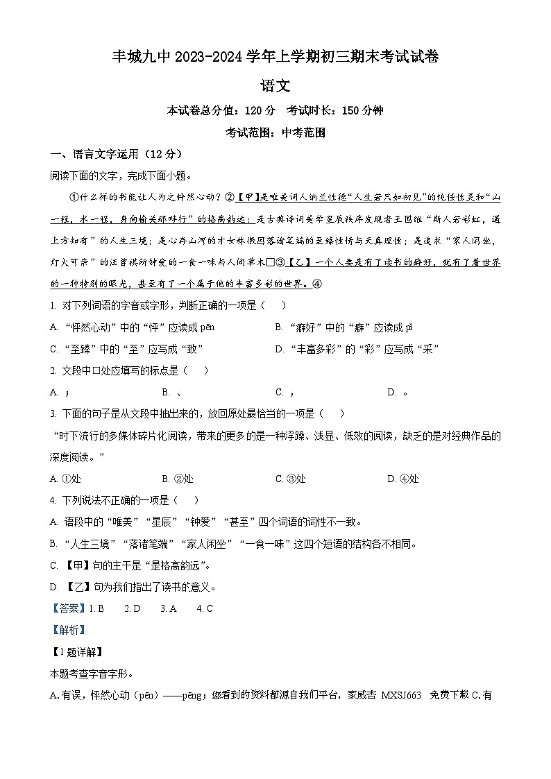 30,江西省宜春市丰城市第九中学2023-2024学年九年级上学期期末语文试题01