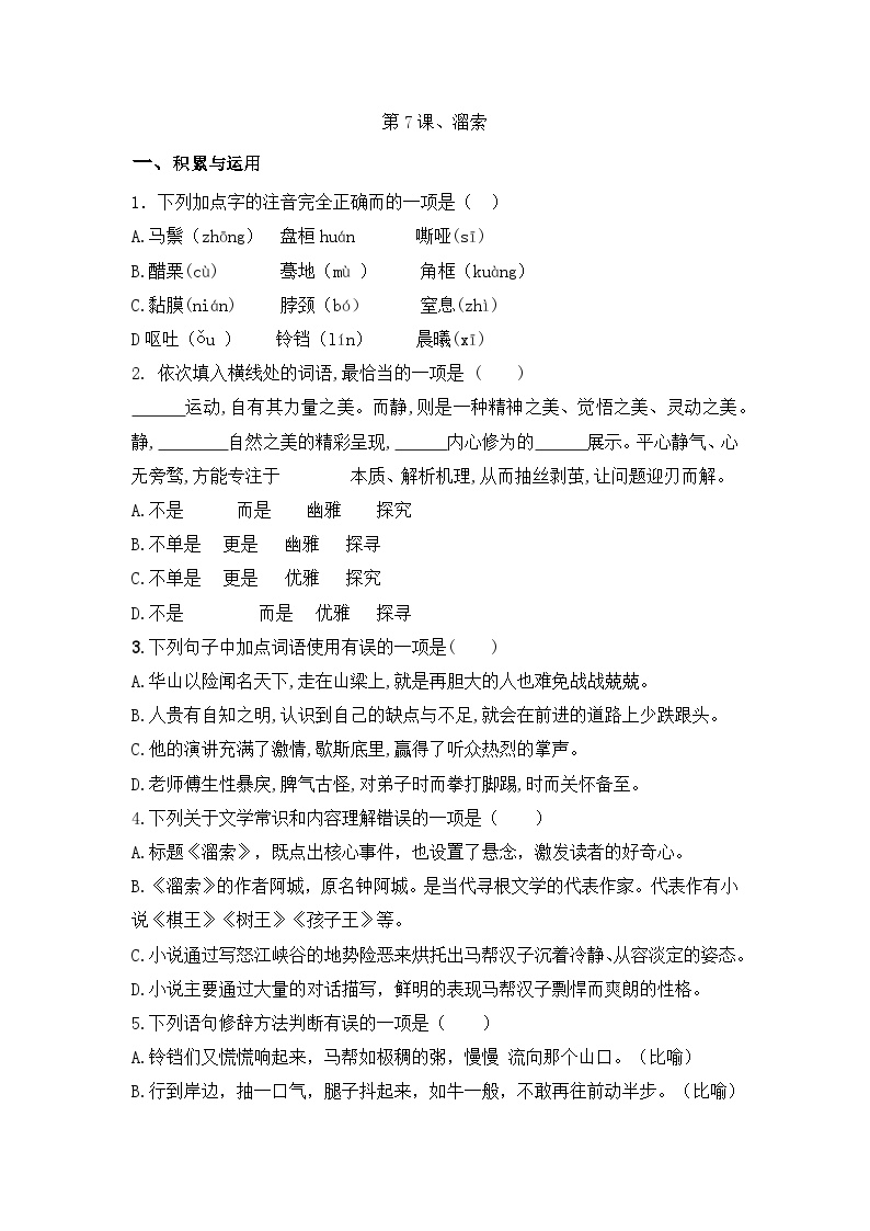初中语文人教部编版九年级下册溜索优秀课堂检测