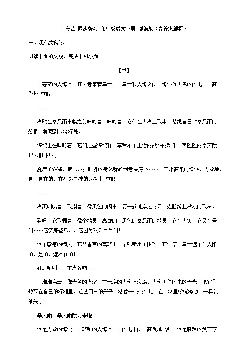 人教部编版九年级语文下册-4.海燕 同步练习 (含答案解析)01