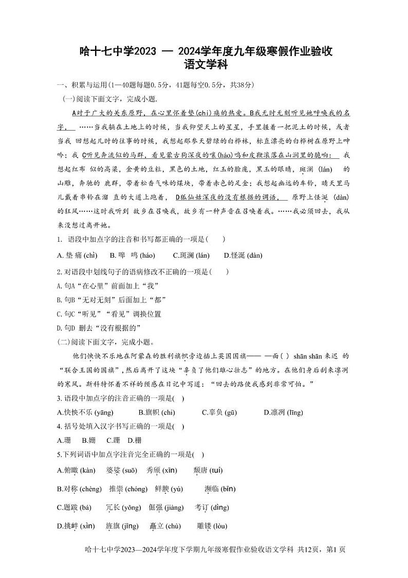 黑龙江省+哈尔滨市第十七中学校2023-2024学年九年级下学期开学测试语文试卷01