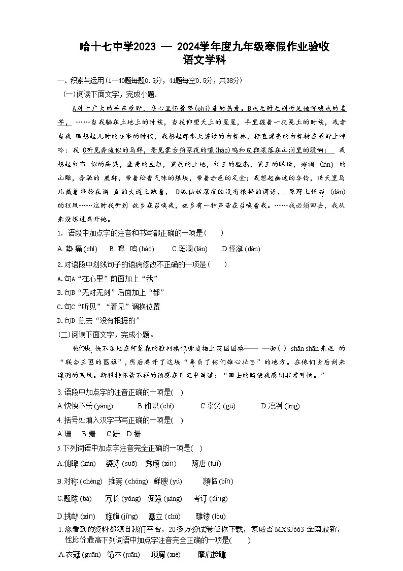 19,黑龙江省哈尔滨市第十七中学校2023-2024学年九年级下学期开学测试语文试卷(1)第1页