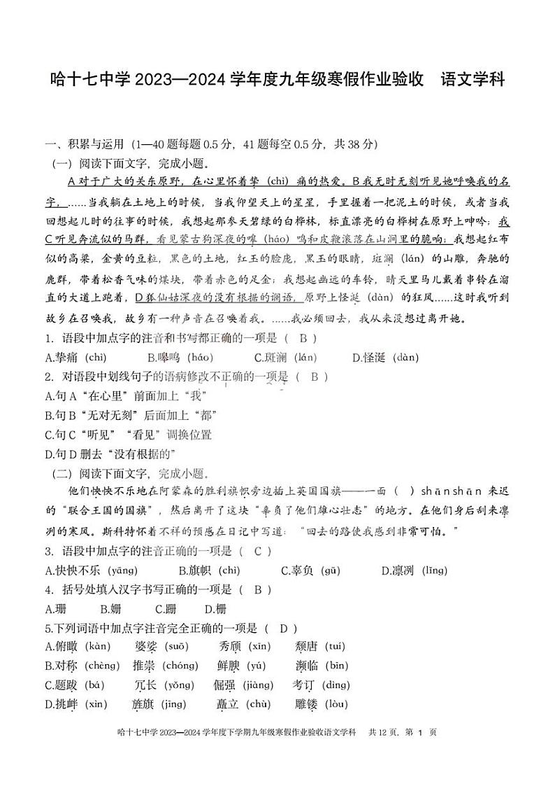 19,黑龙江省哈尔滨市第十七中学校2023-2024学年九年级下学期开学测试语文试卷01