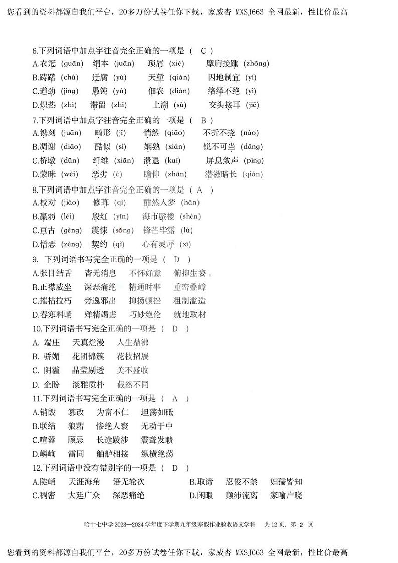 19,黑龙江省哈尔滨市第十七中学校2023-2024学年九年级下学期开学测试语文试卷02