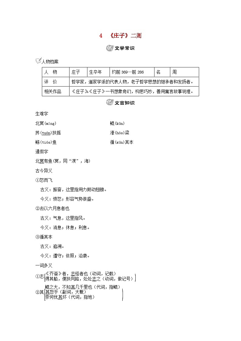 吉林专版2024春八年级语文下册古诗文梳理文言文试题4庄子二则部编版第1页