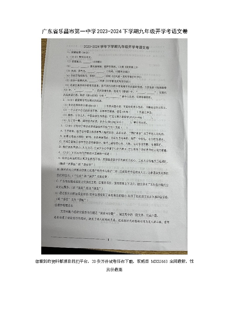 广东省韶关市乐昌市第一中学2023-2024学年九年级下学期开学语文试题第1页