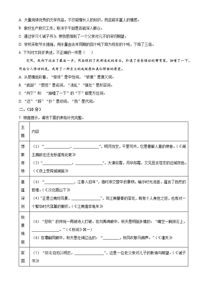 山东省潍坊市昌乐县等八区县2023-2024学年七年级上学期期末语文试题(原卷版+解析版)02