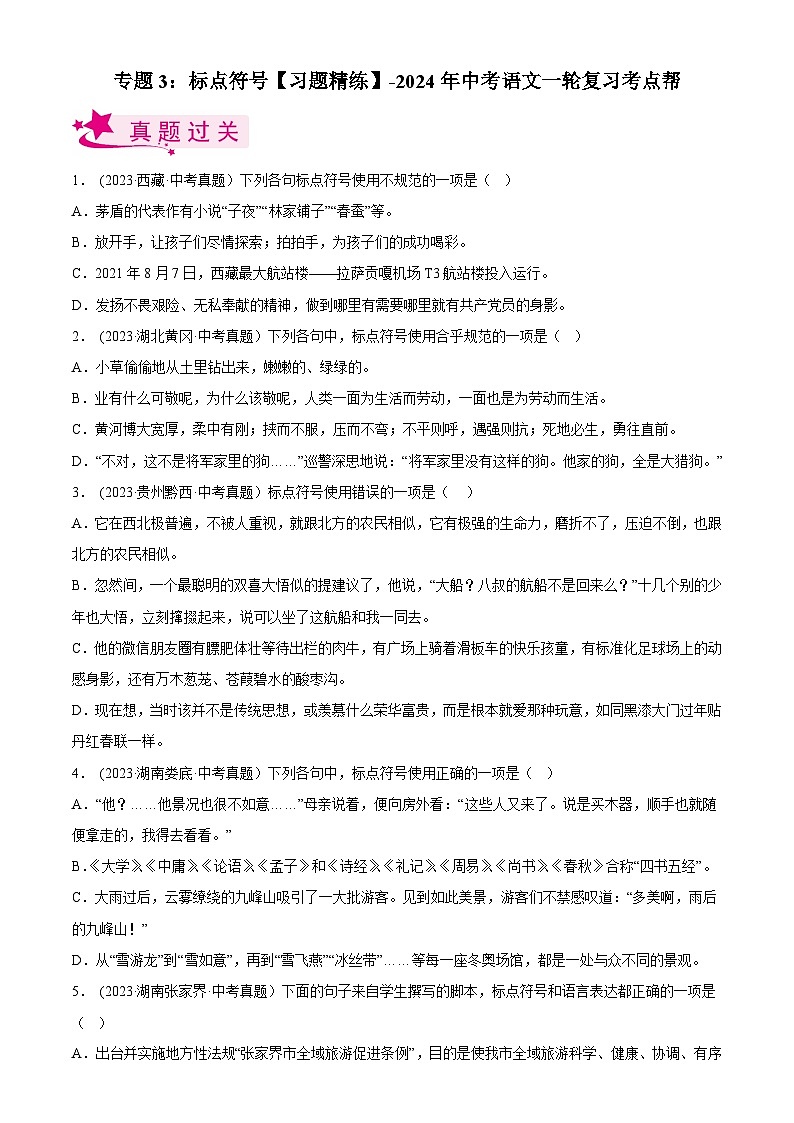 2024年中考语文第一轮考点复习(全国通用) 专题03 标点符号【习题精练】(原卷版+解析)第1页