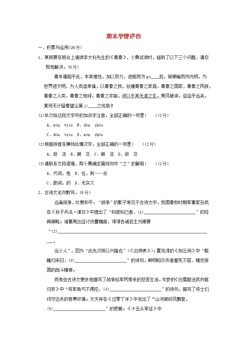 河南专版2024春九年级语文下学期期末学情评估新人教版01