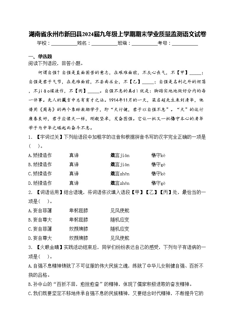 湖南省永州市新田县2024届九年级上学期期末学业质量监测语文试卷(含答案)01