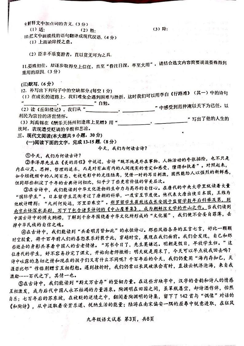 江西省吉安市永丰县2023-2024学年九年级上学期期末考试语文试题第3页