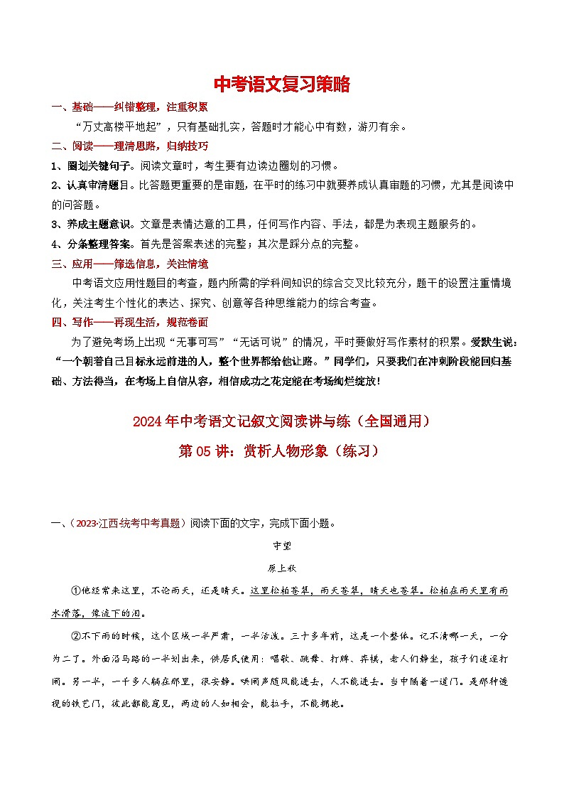 第05讲:赏析人物形象(练习)-2024年中考语文记叙文阅读讲与练(全国通用)原卷版第1页