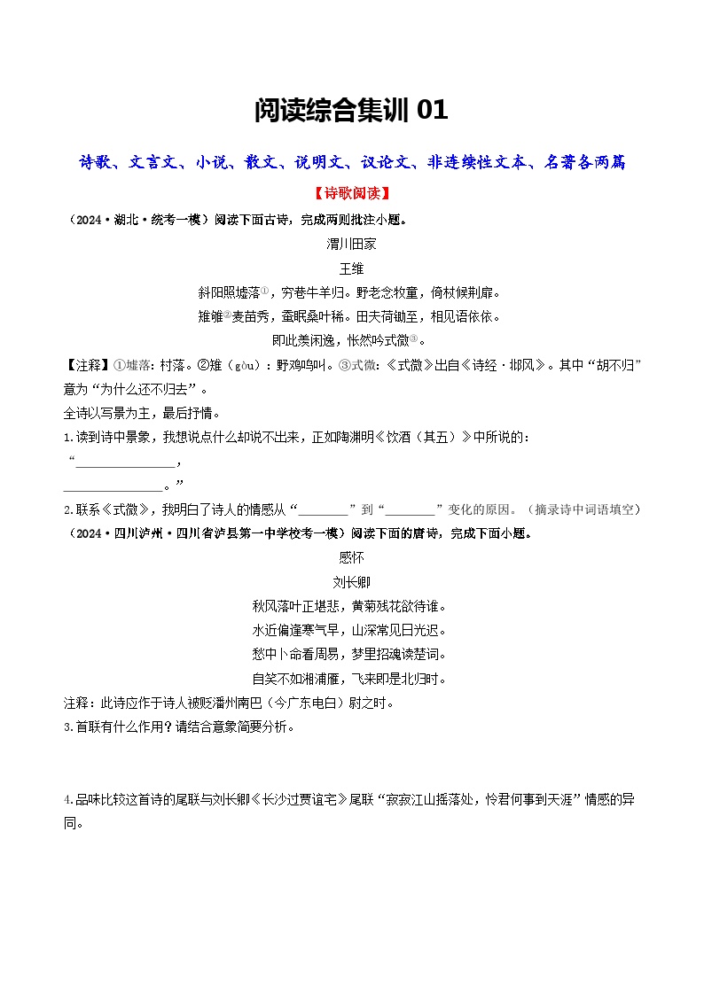 阅读（16篇）综合集训01-备战2024年中考语文一轮复习讲练测（全国通用）