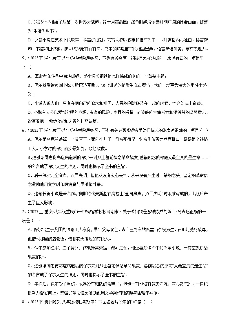 8 《钢铁是怎样炼成的》-2024年中考语文名著导读通关训练（原卷版）02