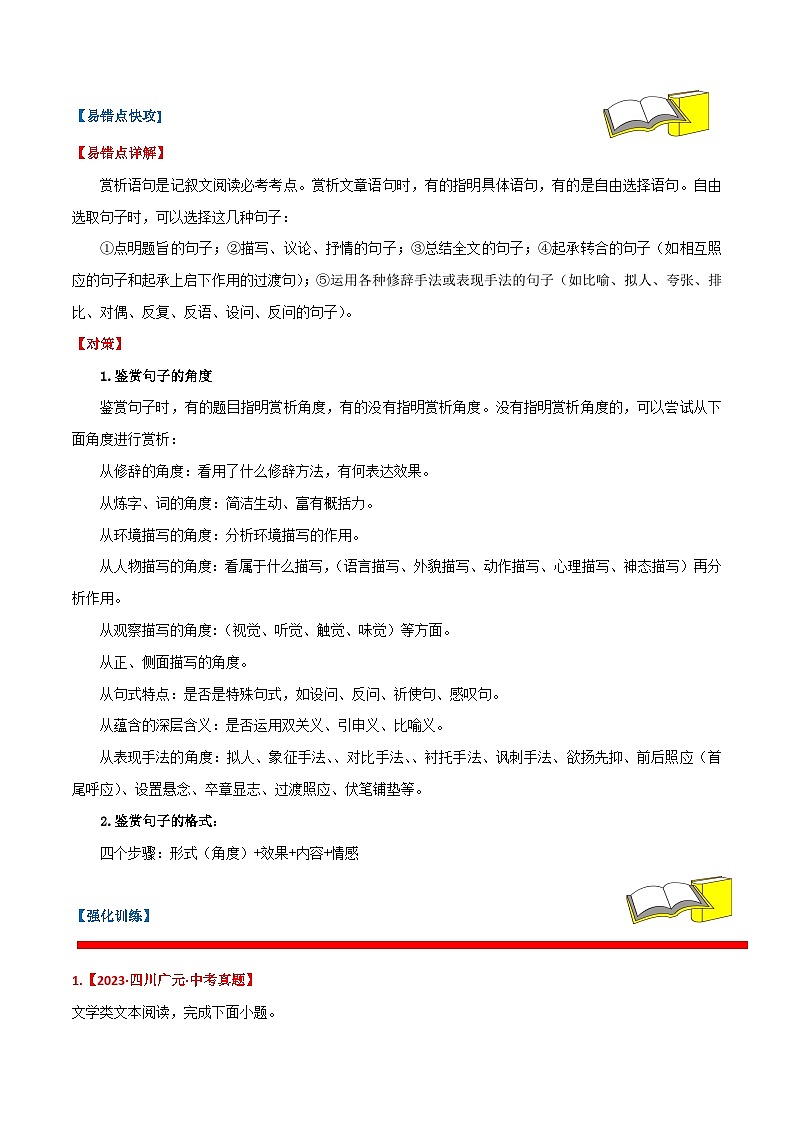 备战2024年中考语文考试易错题易错点09记叙文阅读之词句赏析(原卷版+解析)03
