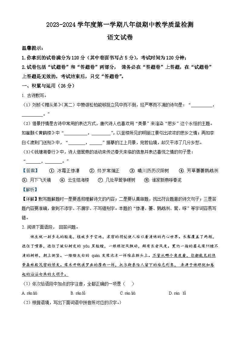 精品解析:安徽省宿州市泗县2023-2024学年八年级上学期期中语文试题(解析版)第1页