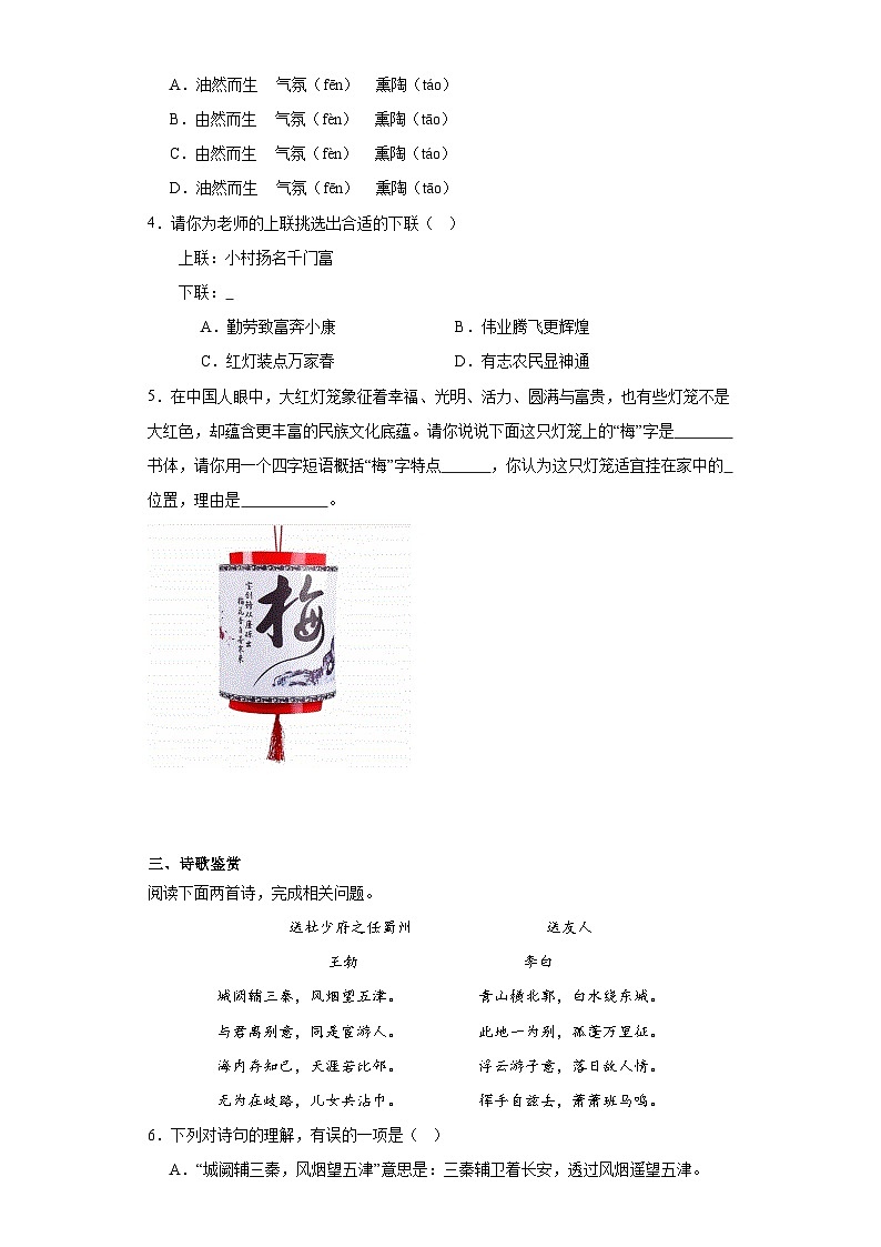 中考语文一轮复习八年级下册基础试题(六)第2页
