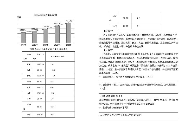 云南省石林县石林中学2023--2024学年八下3月月考测试语文卷及答案第2页