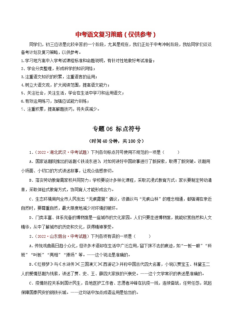 专题06 标点符号(测试)-2023年中考语文一轮复习讲练测(部编版)(原卷版)第1页