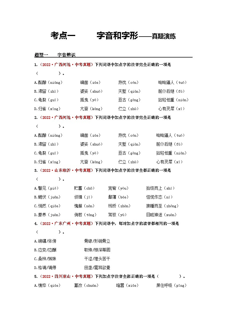 中考语文一轮大单元复习考点一字音和字形——真题演练(原卷版+解析)第1页