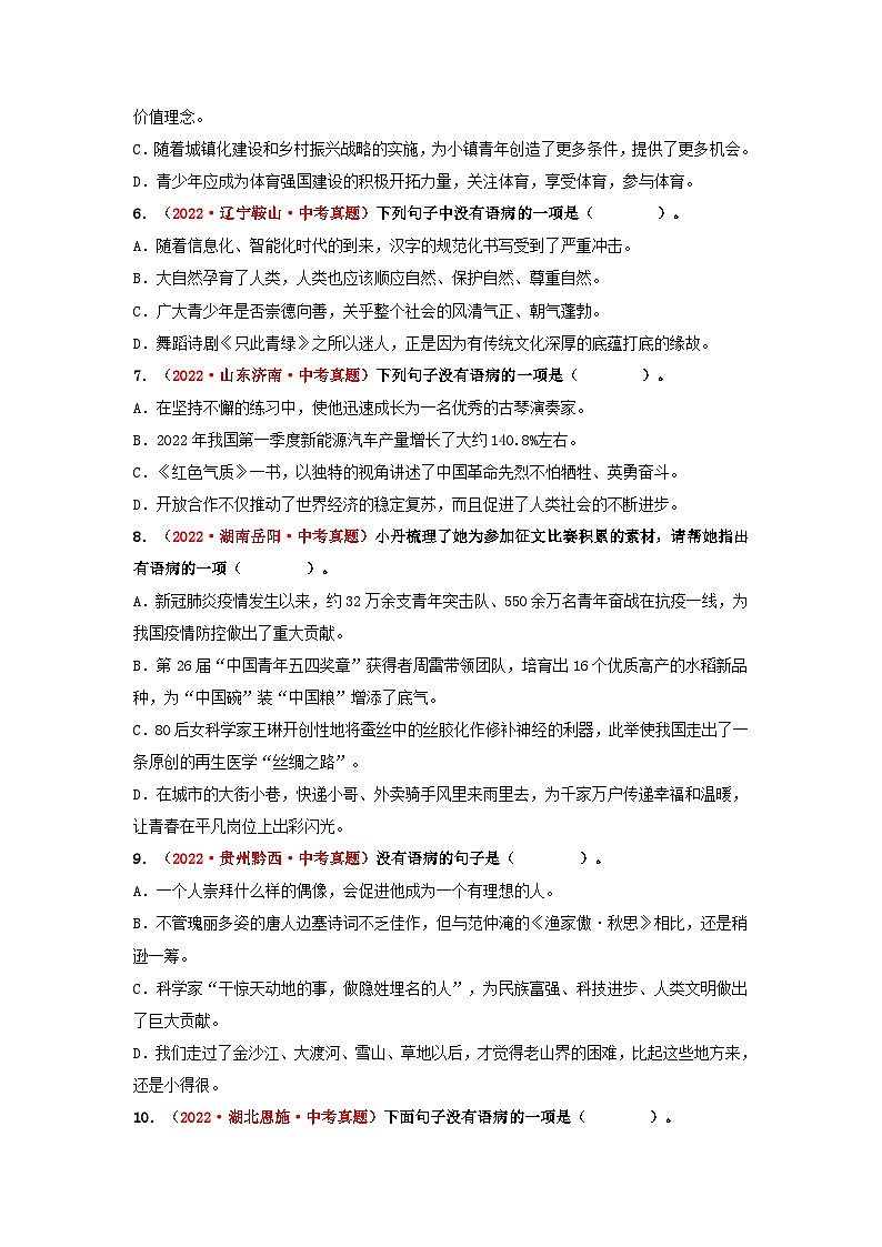 中考语文一轮大单元复习考点三病句的辨析与修改——真题演练(原卷版+解析)第2页