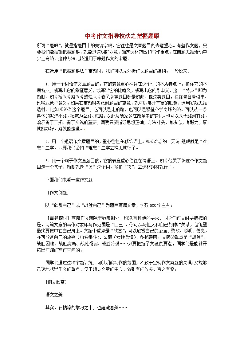 中考语文总复习 专项复习资料 作文指导技法之把握题眼素材第1页
