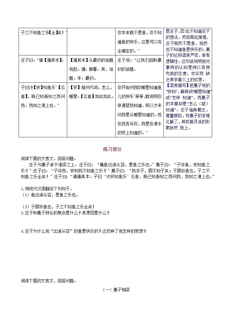 部编版八年级下册第21课《庄子与惠子有游于濠梁之上》基础知识讲解与练习第3页