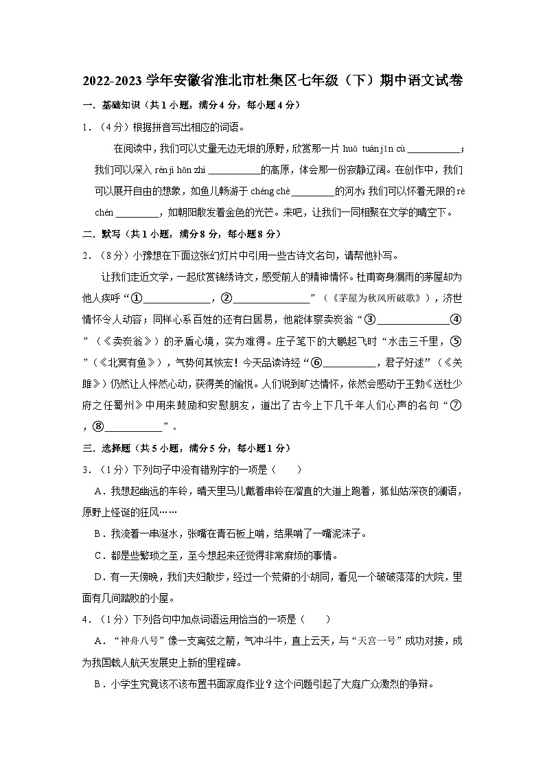 安徽省淮北市杜集区2022-2023学年七年级下学期期中语文试卷第1页