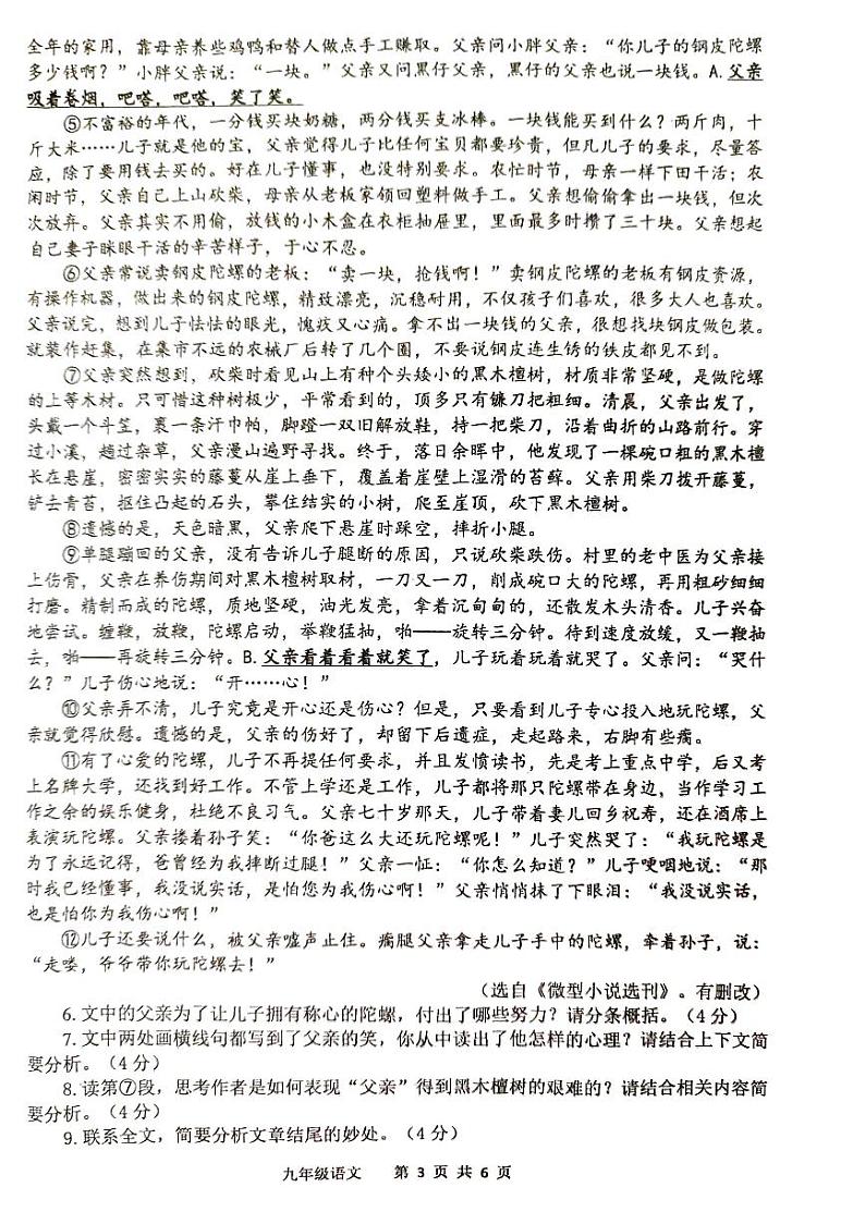 2024年河南省平顶山市中考一模语文试题第3页