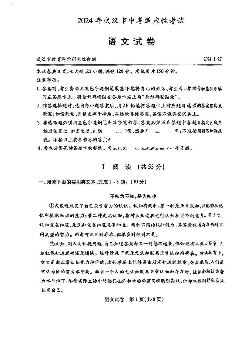 2024年湖北省武汉市部分学校九年级适应性一模考试语文试题01